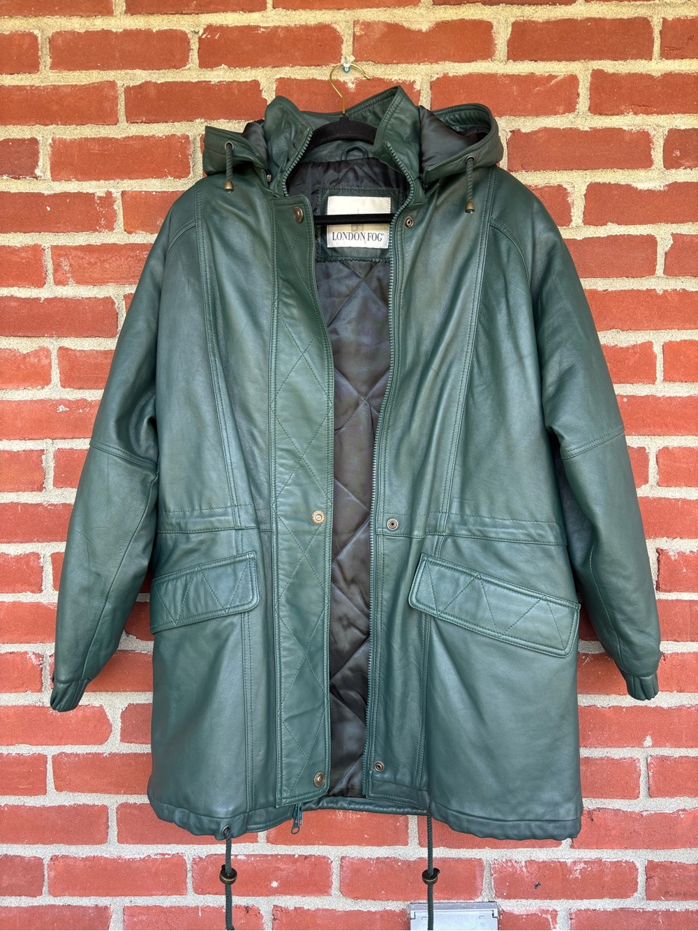Rare Vintage London Fog Dark Green Leather Hooded Parka